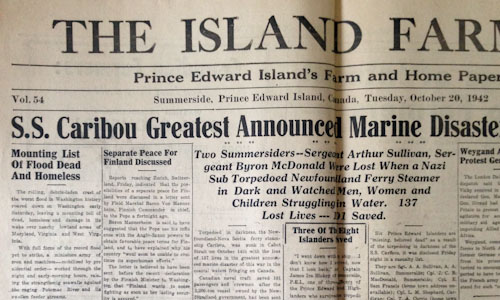 Part of the front page of a 1942 copy of the Island Farmer newspaper from Prince Edward Island