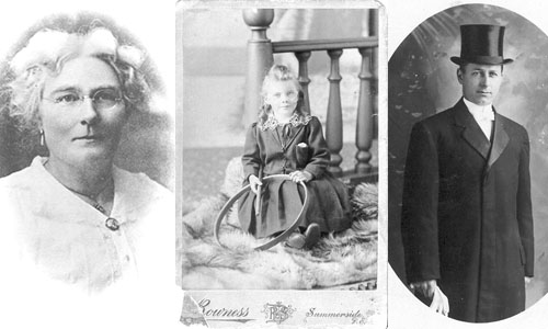 A collage of three old photographs showing an elderly woman, a young child in a dress, and an adult man in a suit and top hat