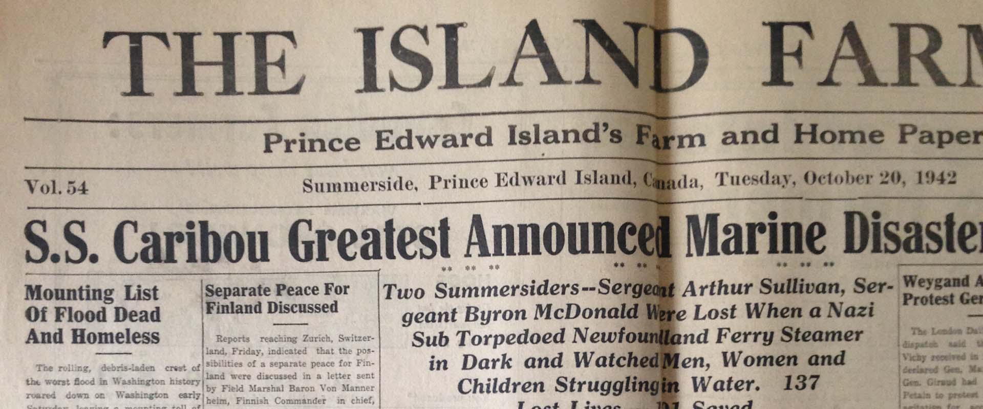 Part of the front page of a 1942 copy of the Island Farmer newspaper from Prince Edward Island